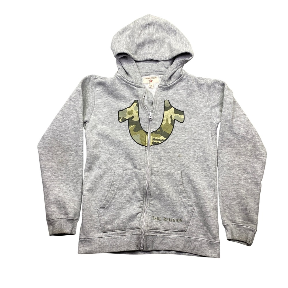 True Religion‎ Kids Grey Zip Up Hoodie Camo Horseshoe Logo Size M Grunge
